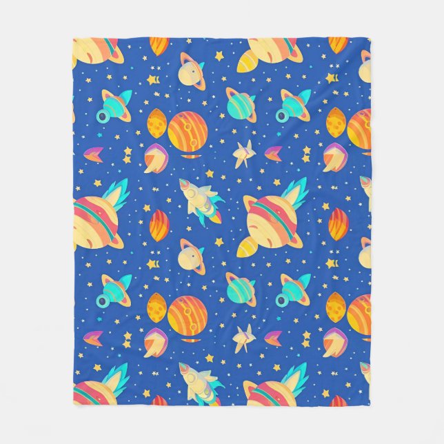Colourful Space-themed Pattern with Planets Fleece Blanket (Front)