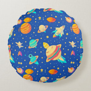 Colourful Space-themed Pattern with Planets Round Pillow
