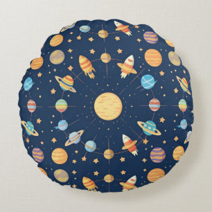 Colourful Space-themed Pattern with Planets Round Pillow