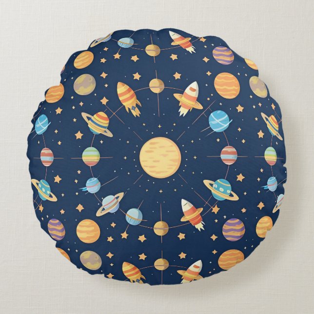 Colourful Space-themed Pattern with Planets Round Pillow (Front)