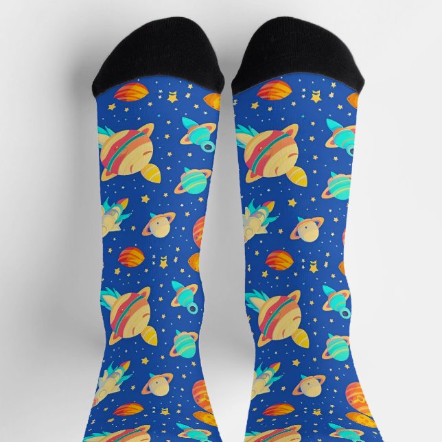 Colourful Space-themed Pattern with Planets Socks (Top)