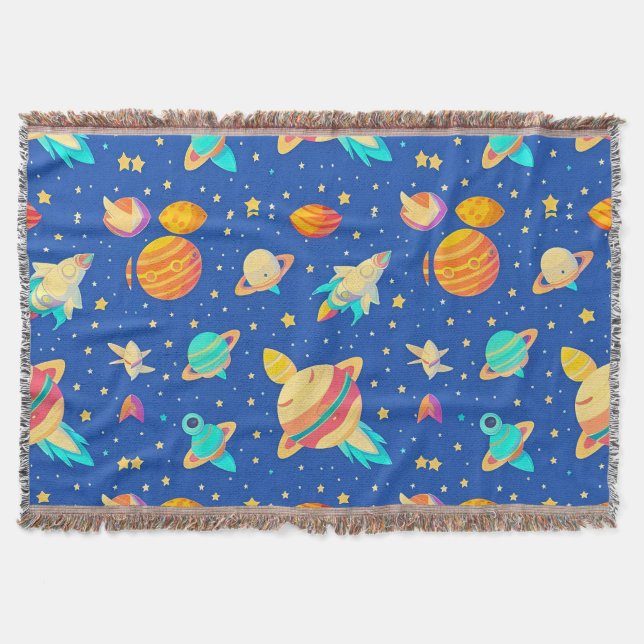 Colourful Space-themed Pattern with Planets Throw Blanket (Front)