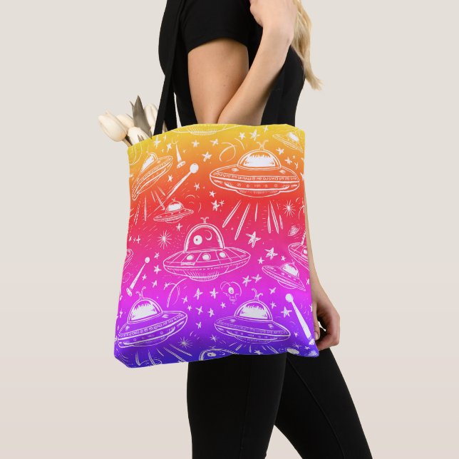 Colourful Spaceship Pattern Tote Bag (Close Up)