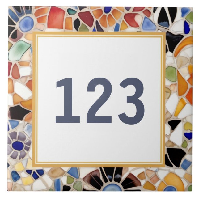 Colourful Spanish Mosaic House Door Number Sign Tile (Front)