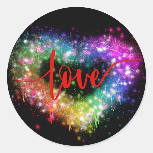 Colourful sparking glitter heart love script classic round sticker (Front)