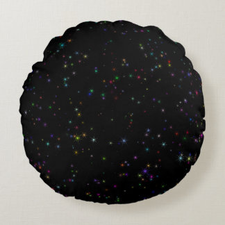 Colourful sparkling stars in night sky black desig round pillow