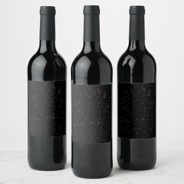 Colourful sparkling stars in night sky black desig wine label (Bottles)