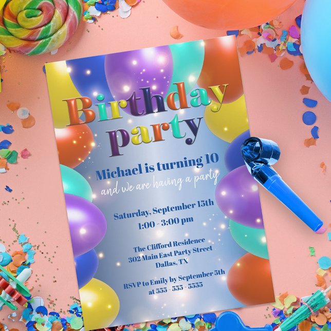 Colourful Sparkly Glossy Balloons Birthday Party Invitation (Creator Uploaded)