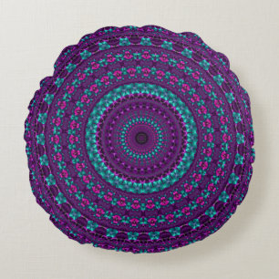 Colourful Sparkly Jewel Tone Mandala Digital Art Round Pillow
