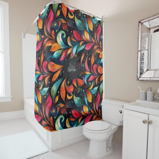 Colourful Sparkly Leaves Pattern - Black Backgroun (In Situ)