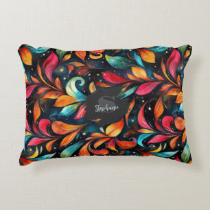 Colourful Sparkly Leaves Pattern - Black Backgroun Accent Pillow