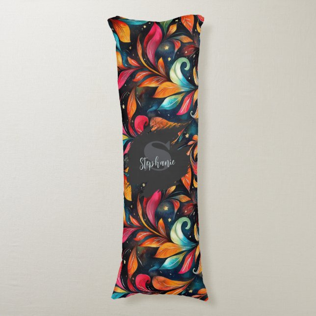 Colourful Sparkly Leaves Pattern - Black Backgroun Body Pillow (Front Vertical)