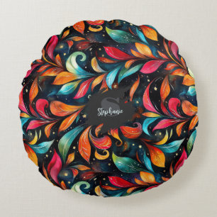 Colourful Sparkly Leaves Pattern - Black Backgroun Round Pillow