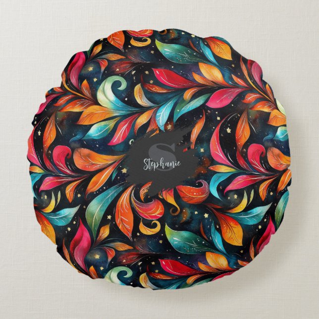 Colourful Sparkly Leaves Pattern - Black Backgroun Round Pillow (Front)