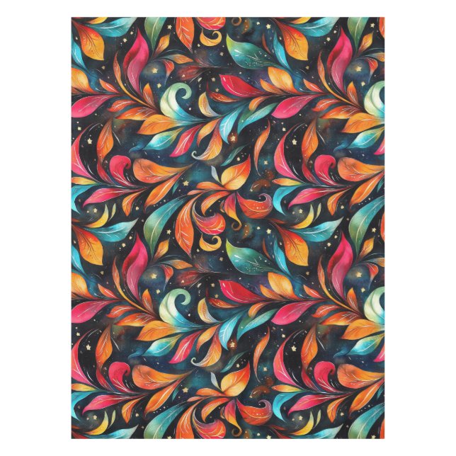 Colourful Sparkly Leaves Pattern - Black Backgroun Tablecloth (Front)