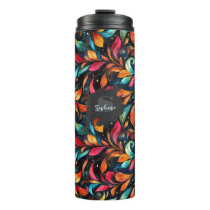 Colourful Sparkly Leaves Pattern - Black Backgroun Thermal Tumbler