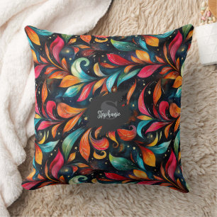 Colourful Sparkly Leaves Pattern - Black Backgroun Throw Pillow