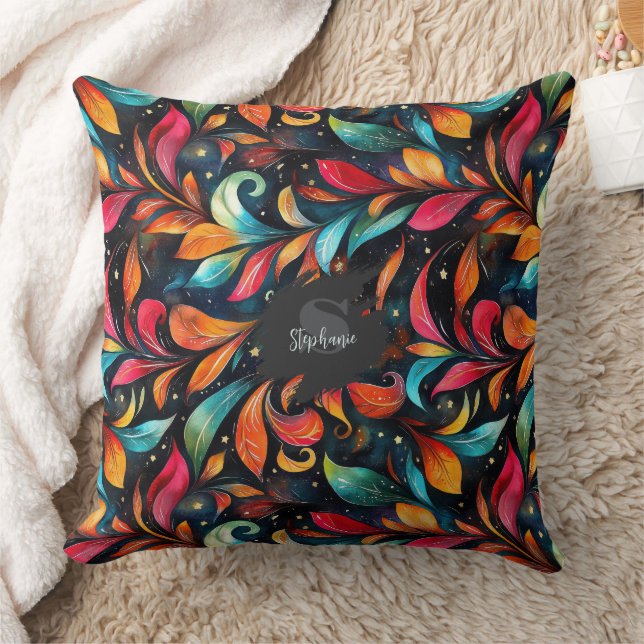 Colourful Sparkly Leaves Pattern - Black Backgroun Throw Pillow (Blanket)