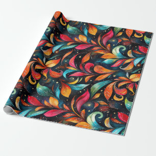 Colourful Sparkly Leaves Pattern - Black Backgroun Wrapping Paper