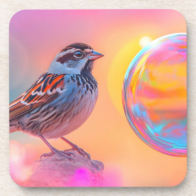 Colourful Sparrow and Rainbow Bubble  Coaster (Front)