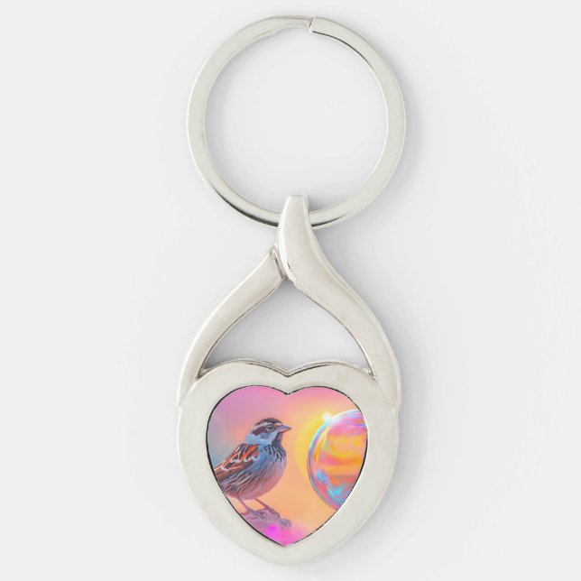 Colourful Sparrow and Rainbow Bubble  Keychain (Front)