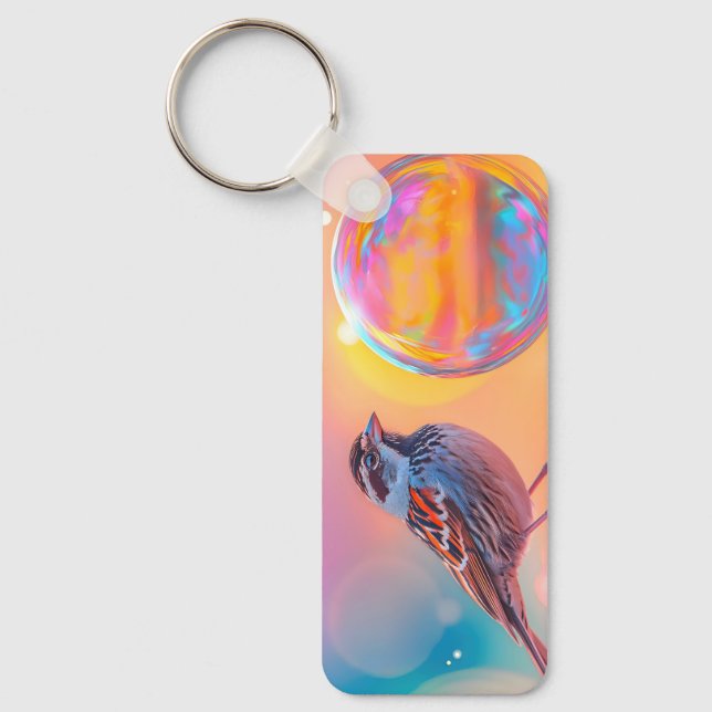 Colourful Sparrow and Rainbow Bubble  Keychain (Front)