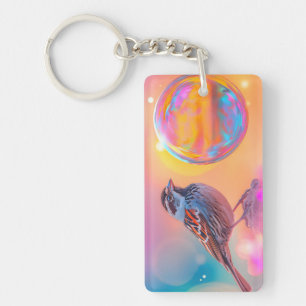 Colourful Sparrow and Rainbow Bubble Keychain