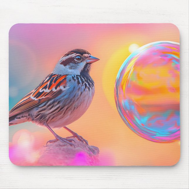 Colourful Sparrow and Rainbow Bubble  Mouse Pad (Front)