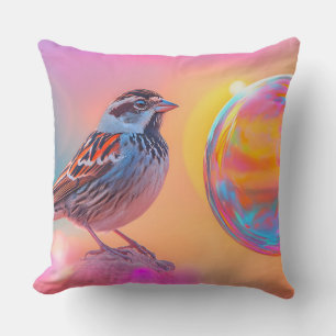 Colourful Sparrow and Rainbow Bubble Throw Pillow