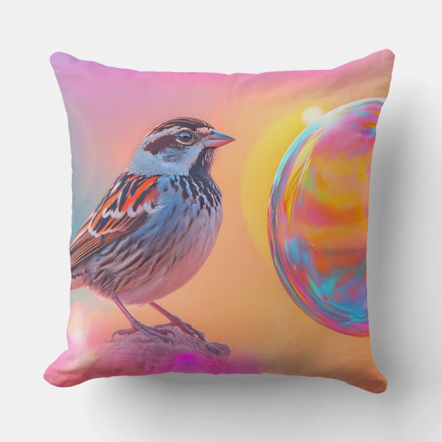 Colourful Sparrow and Rainbow Bubble  Throw Pillow (Front)