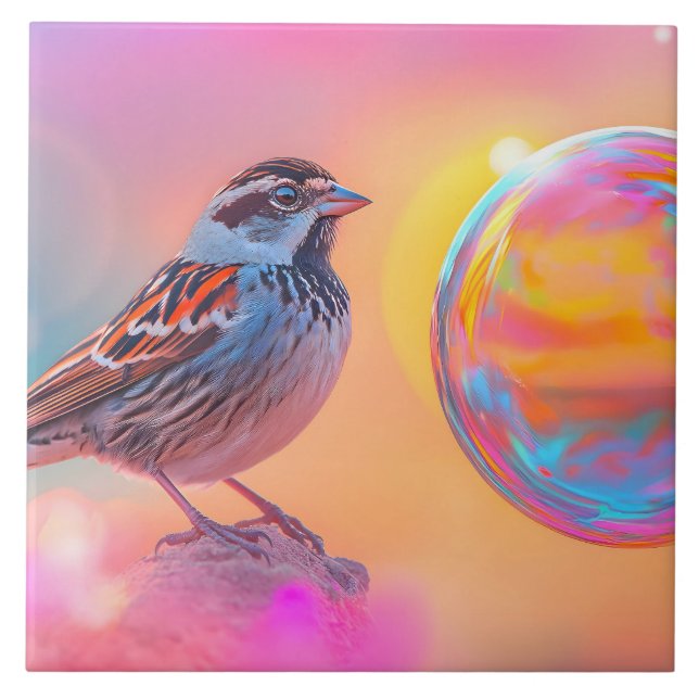 Colourful Sparrow and Rainbow Bubble  Tile (Front)