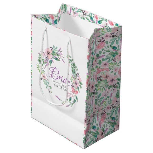 Colourful Spellbound Flowers Wreath- Bride Text Medium Gift Bag (Front Angled)