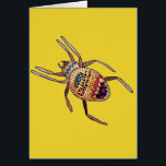 Colourful Spider birthday arachnid art<br><div class="desc">Colourful and bright, this is a hand drawn illustration of a doodle designed spider birthday card by artist Sacha Grossel. This bright and hip arachnid is arty and tribal and kind of cute. It is on a mustard yellow background. The background and birthday greeting inside can be customised to your...</div>