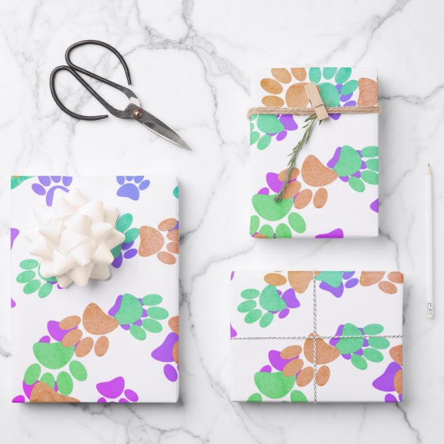 Colourful Spiral Dog Pawprint Wrapping Paper Sheet (Front)
