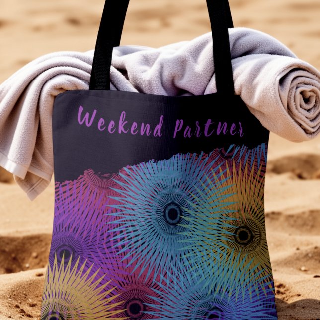 Colourful Spiral Geometric Tote Bag (Weekend vibes tote brings color to the beach. custom text.)