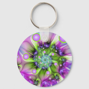 Colourful Spiral Round Shapes Abstract Fractal Art Keychain