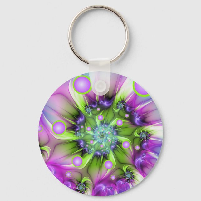 Colourful Spiral Round Shapes Abstract Fractal Art Keychain (Front)