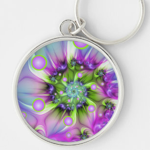Colourful Spiral Round Shapes Abstract Fractal Art Keychain