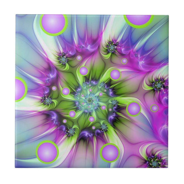 Colourful Spiral Round Shapes Abstract Fractal Art Tile (Front)