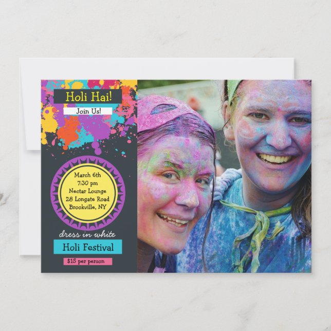 Colourful Splash Photo Holi Festival Invitation (Front)