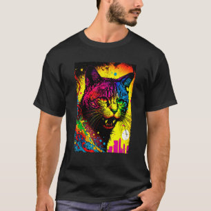 Colourful Splatter Paint Cat 80s Graphic Style T-Shirt