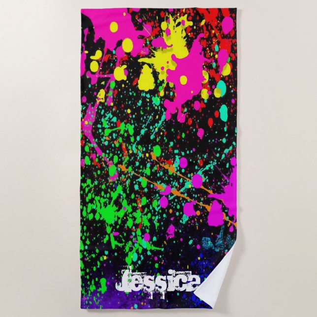 Colourful splatter paint custom name beach towel (Front)