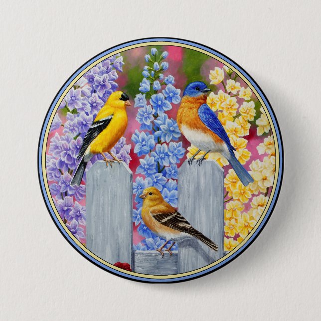 Colourful Spring Birds Garden Party 3 Inch Round Button (Front)