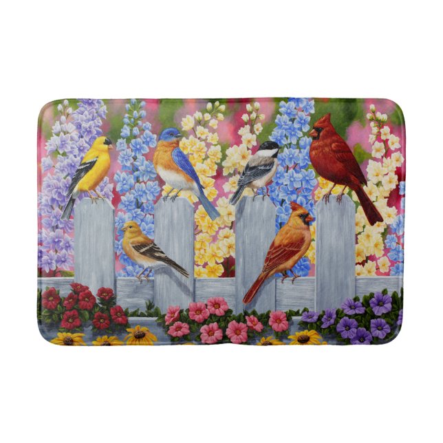 Colourful Spring Birds Garden Party Bath Mat (Front)