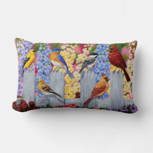 Colourful Spring Birds Garden Party Lumbar Pillow