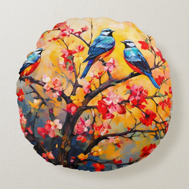 Colourful Spring Birds in Bloom Round Pillow (Front)