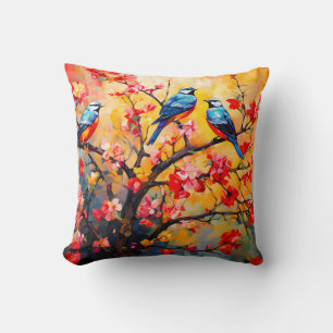 Colourful Spring Birds in Bloom Throw Pillow