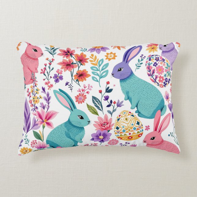 Colourful Spring Bunnies Floral Pattern Easter Accent Pillow (Front)