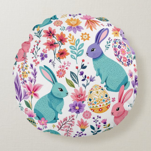 Colourful Spring Bunnies Floral Pattern Easter Round Pillow (Front)