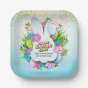 Colourful Spring Bunny Easter Eggs & Flowers Paper Plate